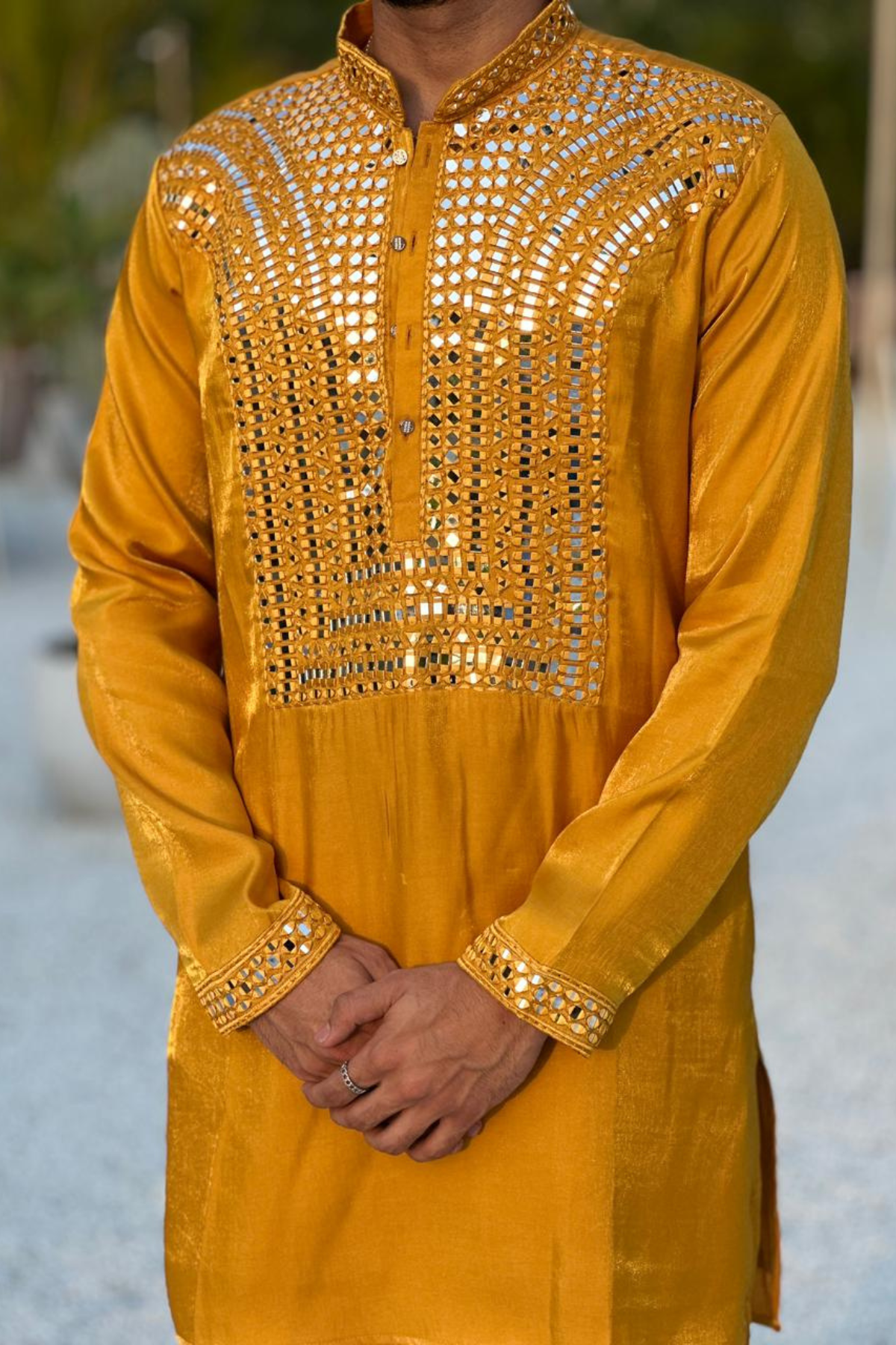Mustard Yellow Kurta With Intricate Mirror Work For Men.