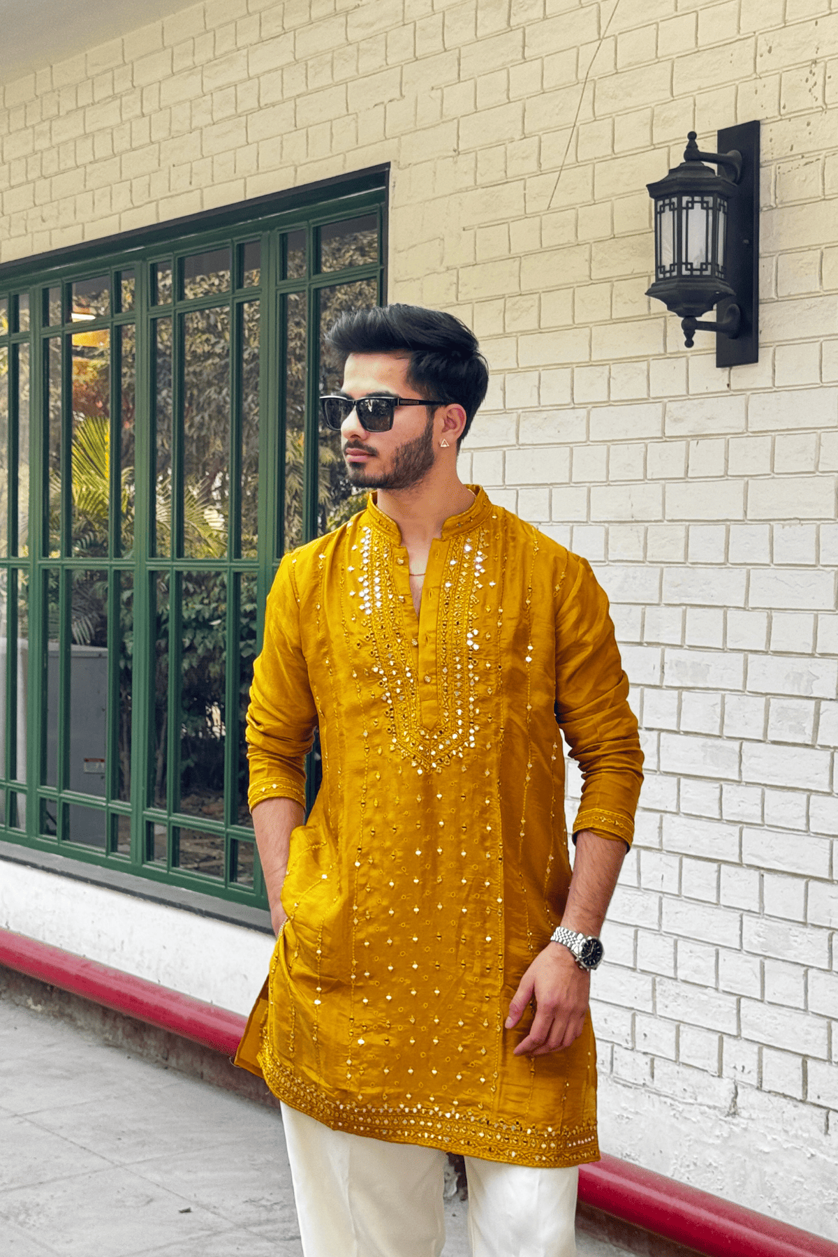 Mustard Yellow Mirror Work Kurta Pyjama For Men (Luxury Korean Pants)