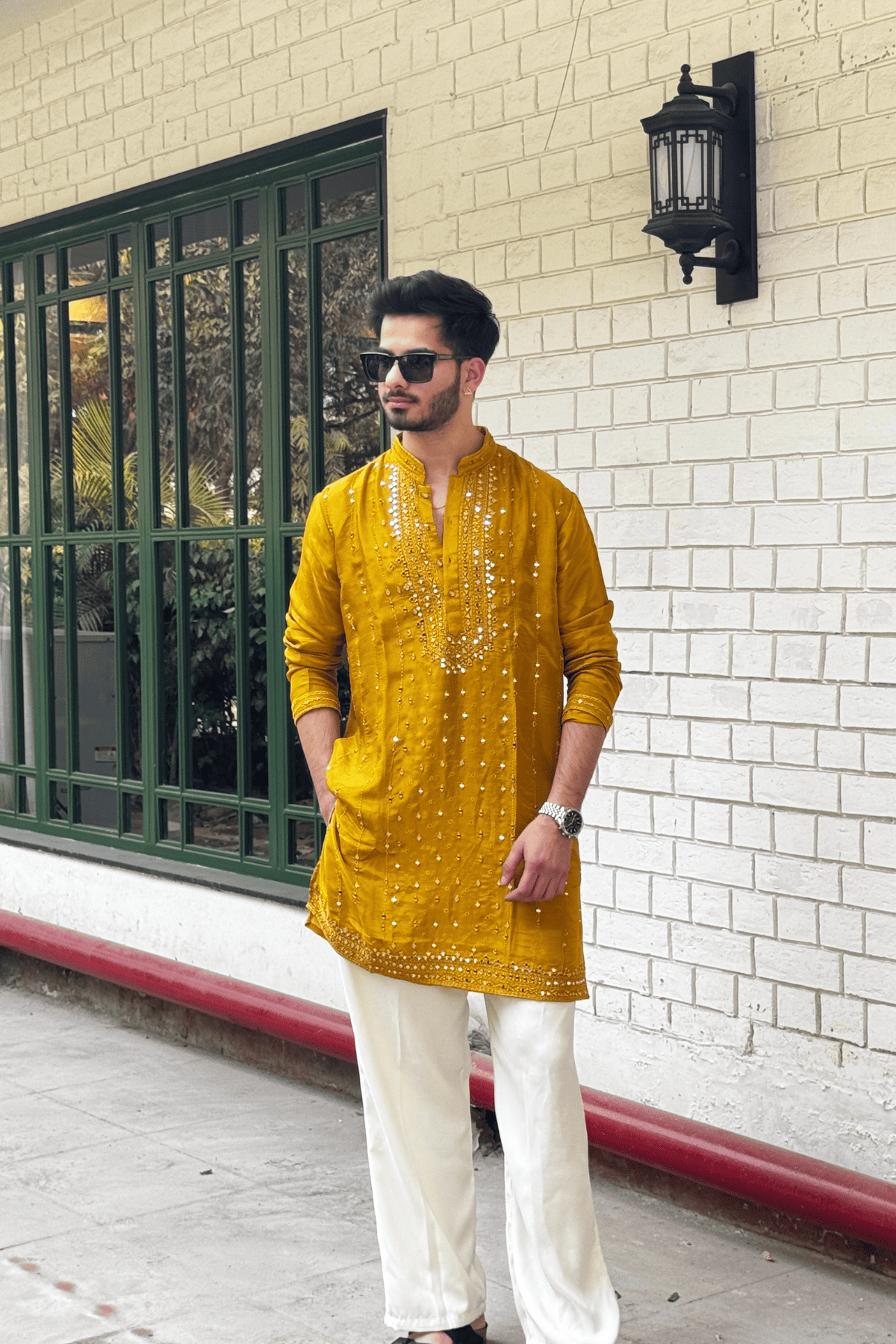 Mustard Yellow Mirror Work Kurta Pyjama For Men (Luxury Korean Pants)