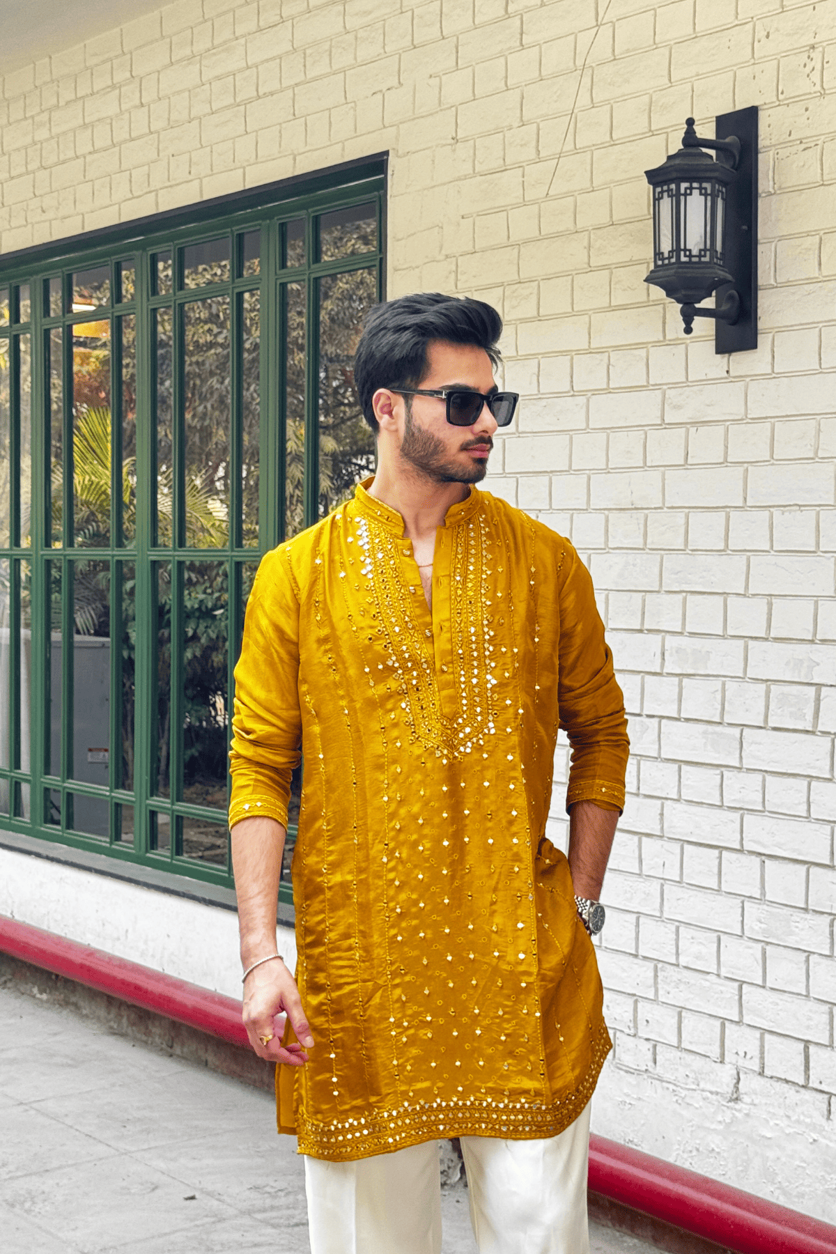 Mustard Yellow Mirror Work Kurta Pyjama For Men (Luxury Korean Pants)
