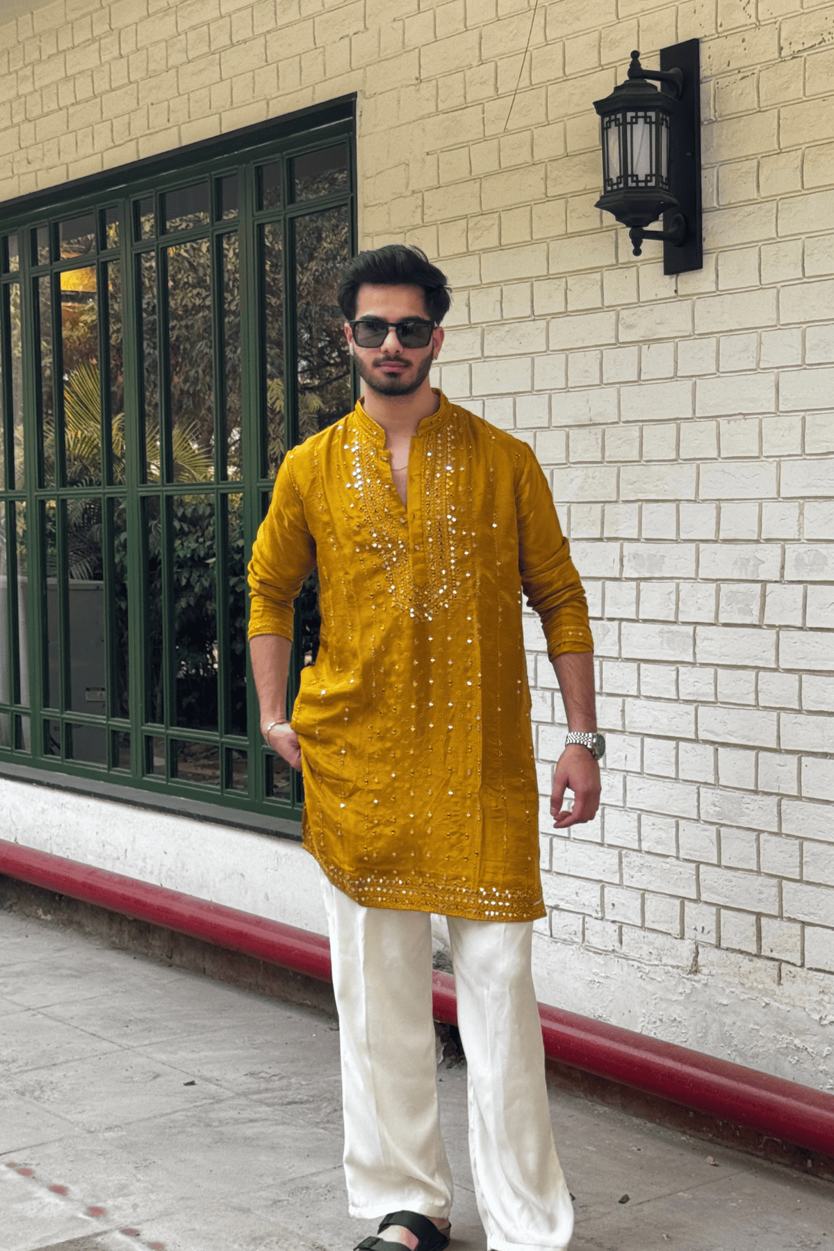 Mustard Yellow Mirror Work Kurta Pyjama For Men (Luxury Korean Pants)