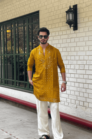 Mustard Yellow Mirror Work Kurta Pyjama For Men (Luxury Korean Pants)