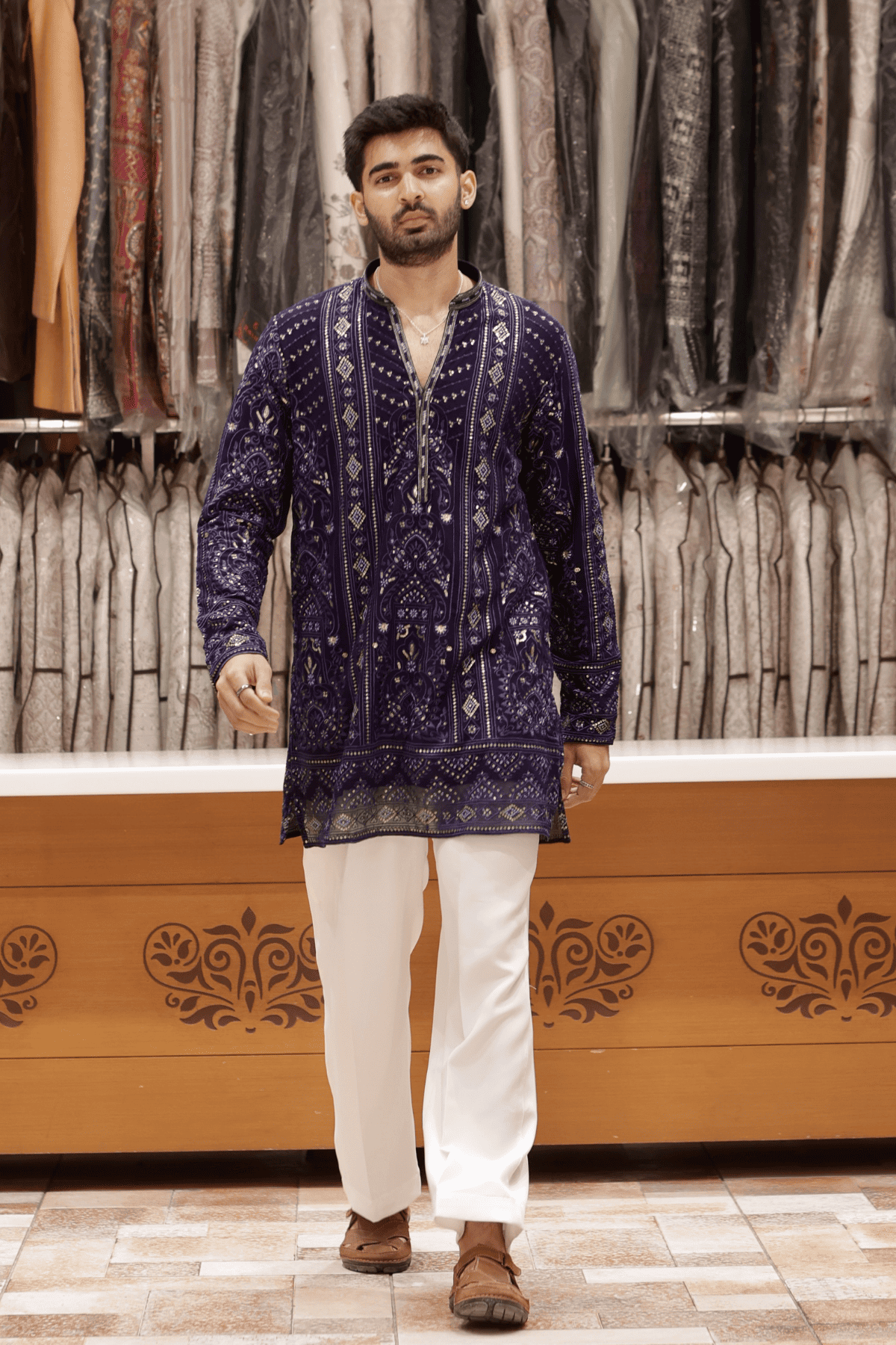 Navy Blue V-Neck Embroidered Short Kurta Pyjama For Men (Luxury Korean Pants)