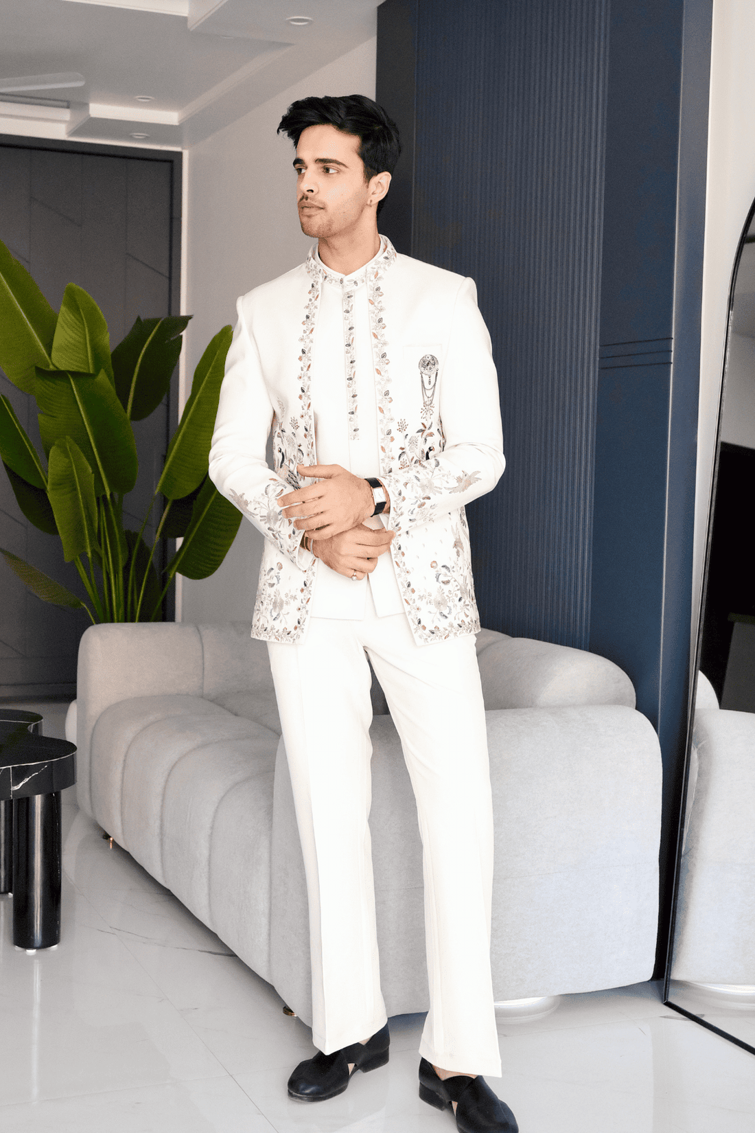 Off-White Embroidered Open Jacket Jodhpuri Set