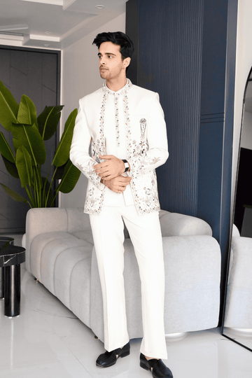 Off-White Embroidered Open Jacket Jodhpuri Set
