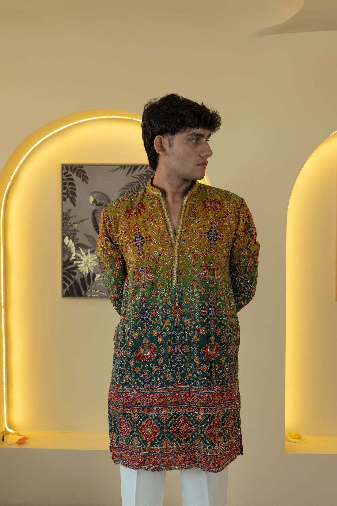Olive Green Multicolor Embroidered Designer Kurta Pyjama For Men (Luxury Korean Pants) F2-1109 