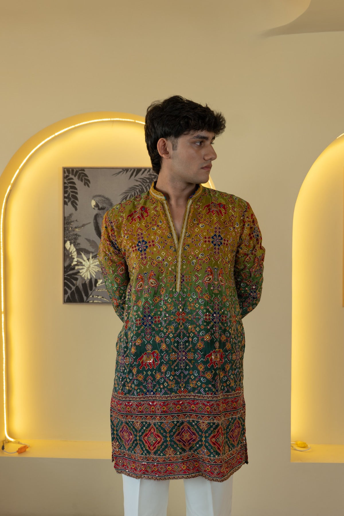 Olive Green Multicolor Embroidered Designer Kurta Pyjama For Men (Luxury Korean Pants) F2-1109 