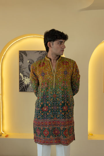Olive Green Multicolor Embroidered Designer Kurta Pyjama For Men (Luxury Korean Pants) F2-1109 
