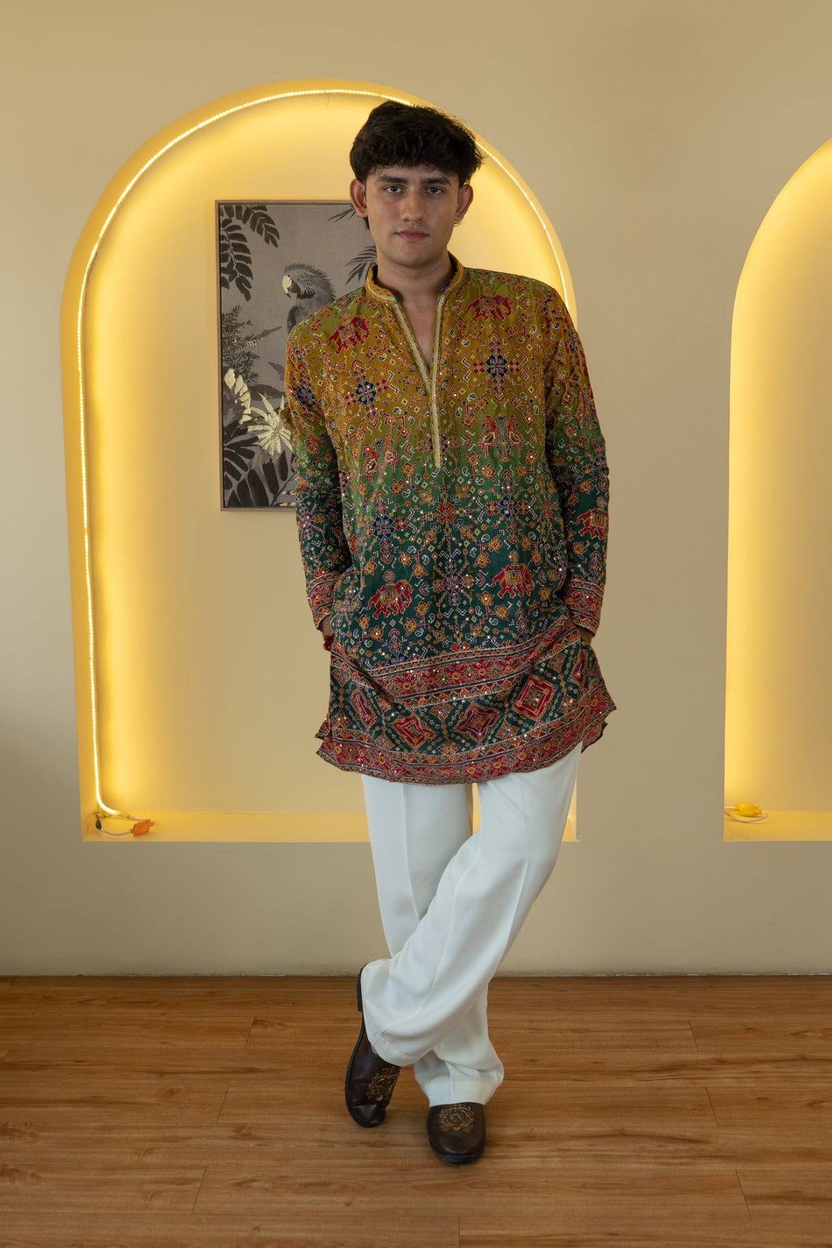 Olive Green Multicolor Embroidered Designer Kurta Pyjama For Men (Luxury Korean Pants) F2-1109 1