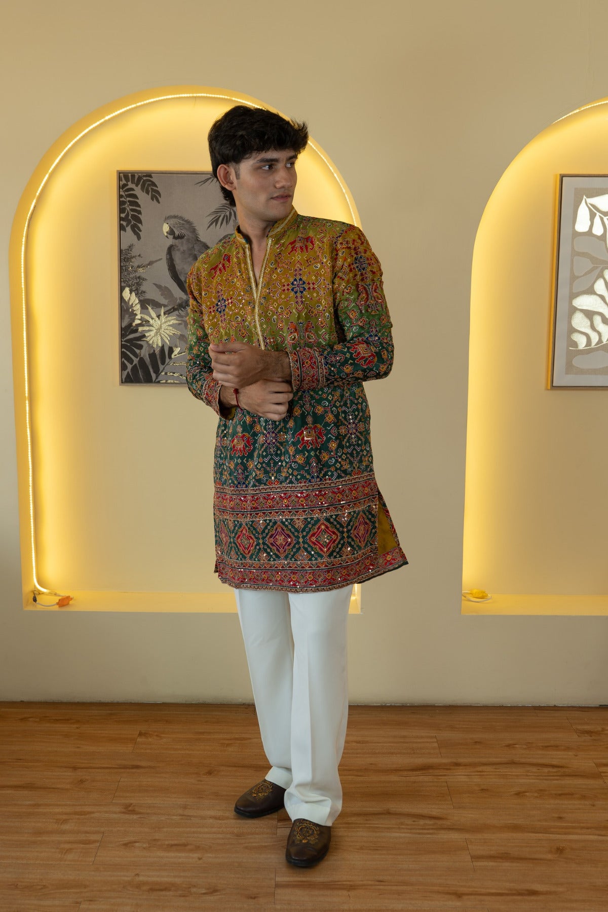 Olive Green Multicolor Embroidered Designer Kurta Pyjama For Men (Luxury Korean Pants) F2-1109 2