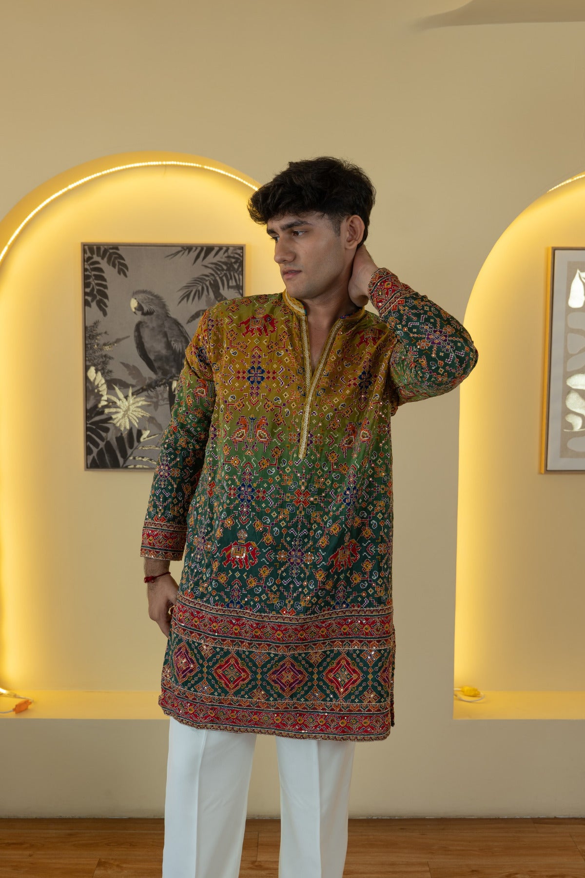 Olive Green Multicolor Embroidered Designer Kurta Pyjama For Men (Luxury Korean Pants) F2-1109 3