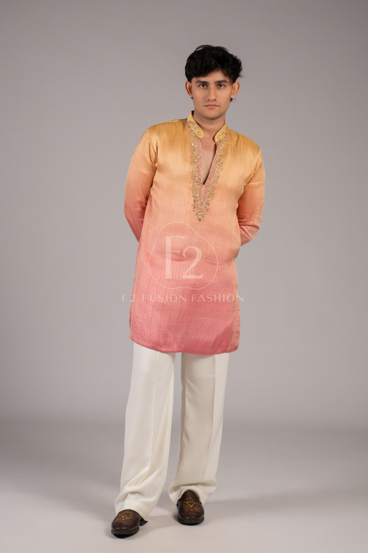 Peach Ombre Designer Kurta  Pyjama For Men (Luxury Korean Pants) F2-1112
