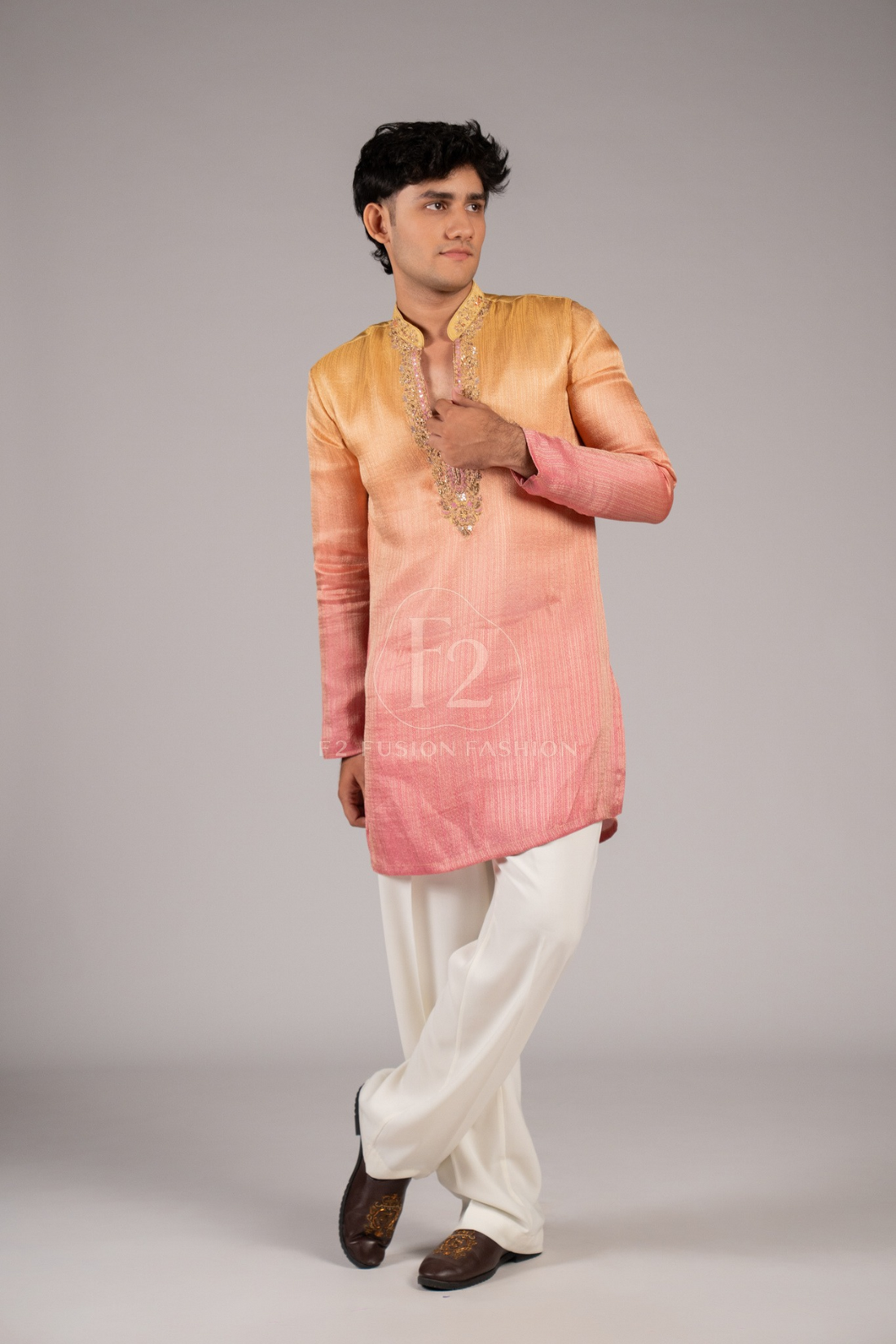 Peach Ombre Designer Kurta  Pyjama For Men (Luxury Korean Pants) F2-1112