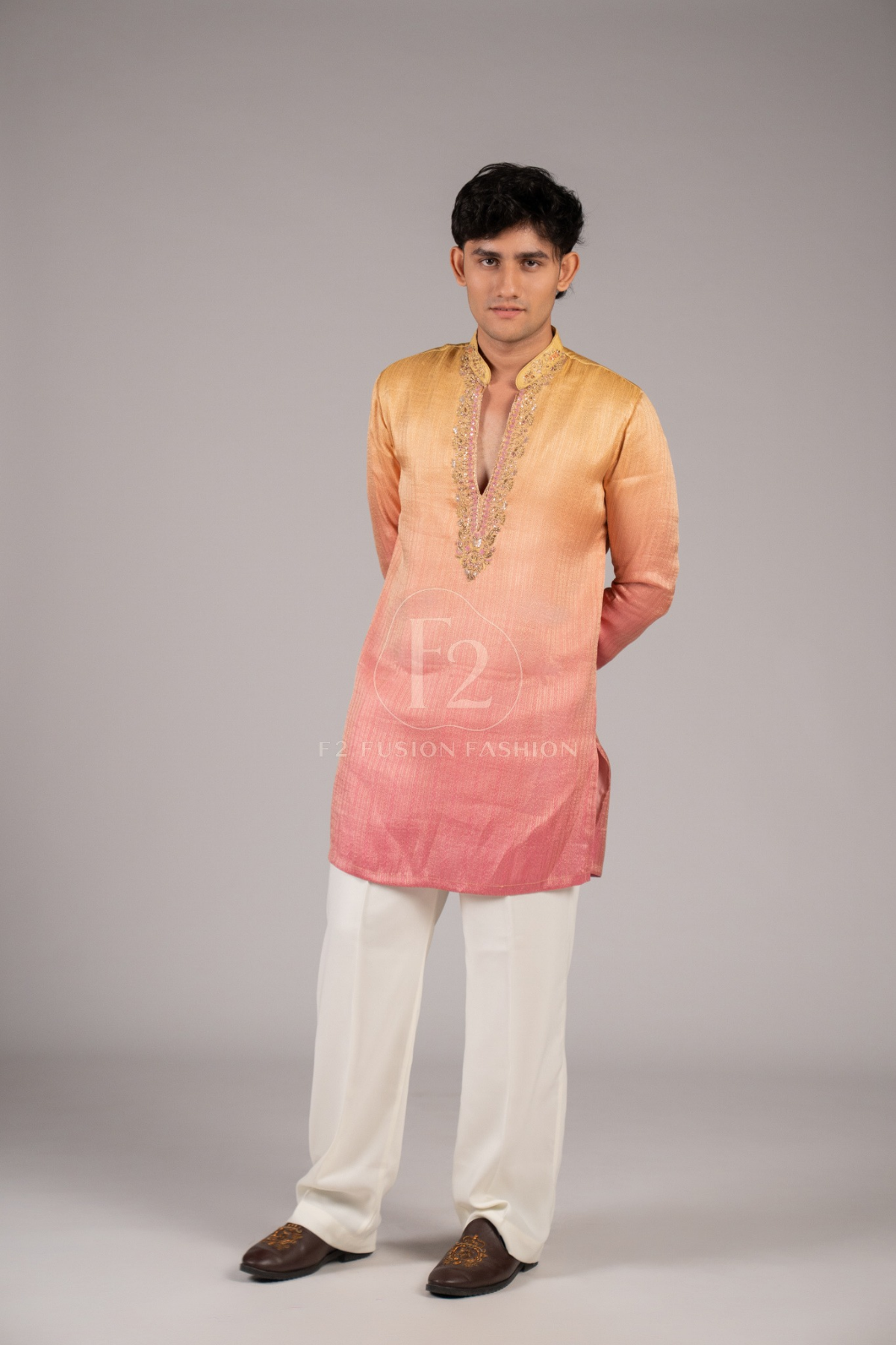 Peach Ombre Designer Kurta  Pyjama For Men (Luxury Korean Pants) F2-1112 3