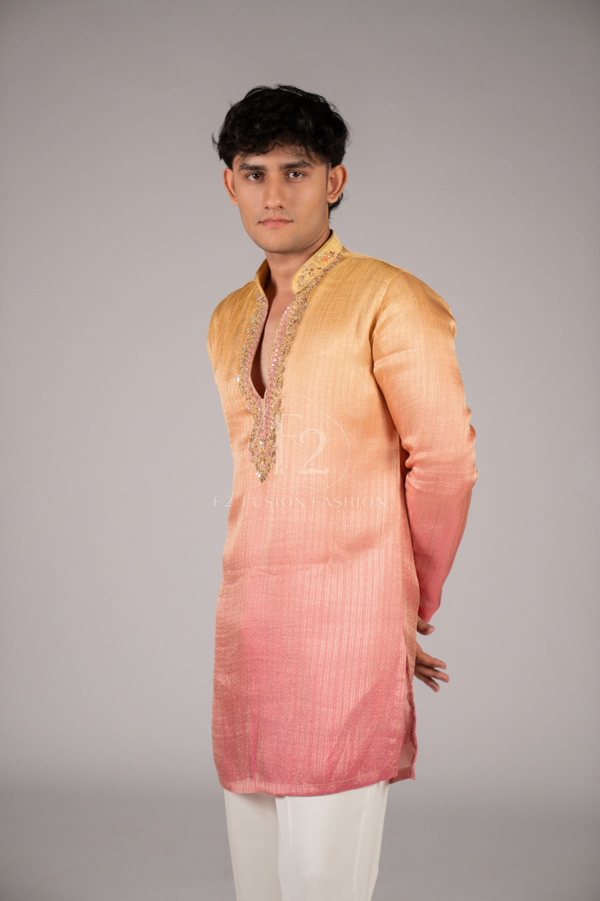 Peach Ombre Designer Kurta  Pyjama For Men (Luxury Korean Pants) F2-1112 4