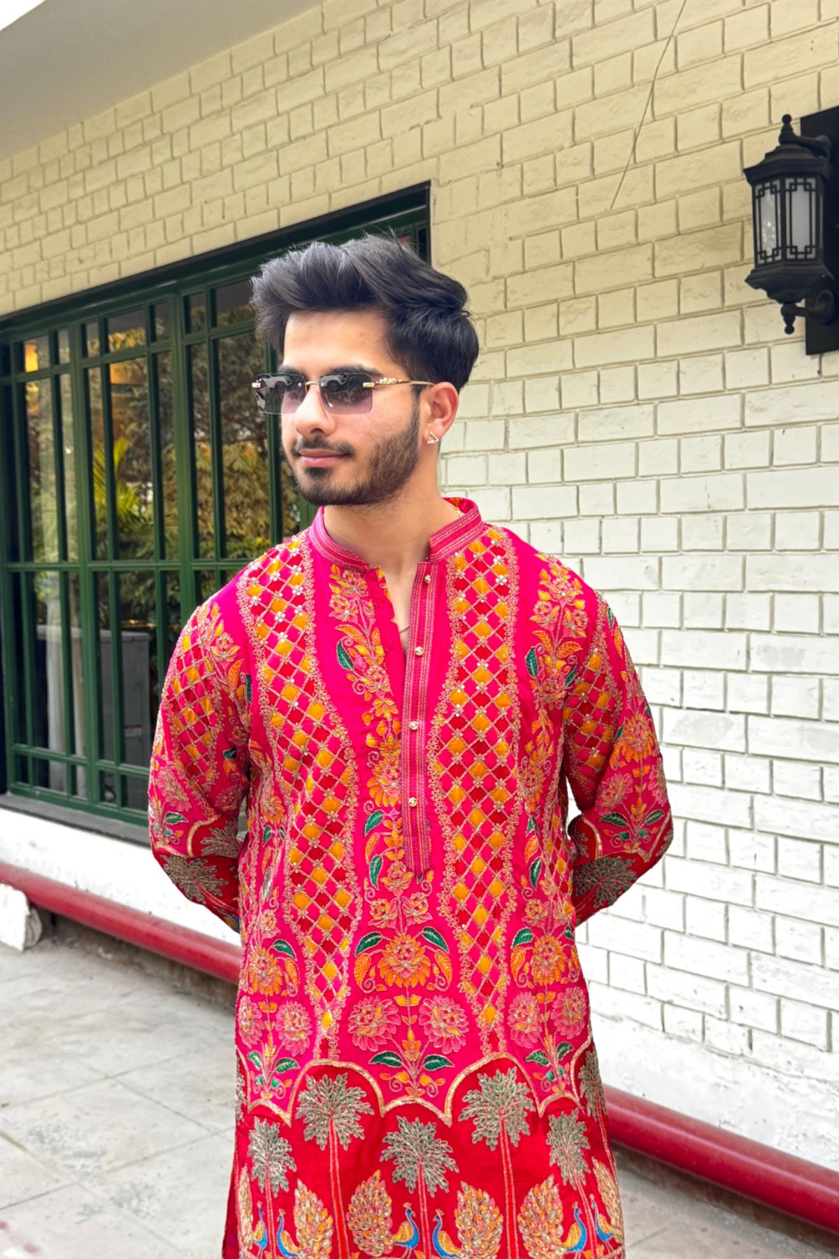 Pinkish Red Embroidered Kurta for Men(Luxury Korean Pants) F2-1011