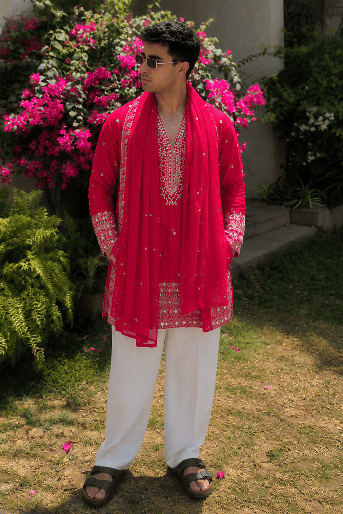 Pinkish Red V-Neck Mirror Work Wedding Kurta Set For Men With Stole (Luxury Korean Pants) F2-1094