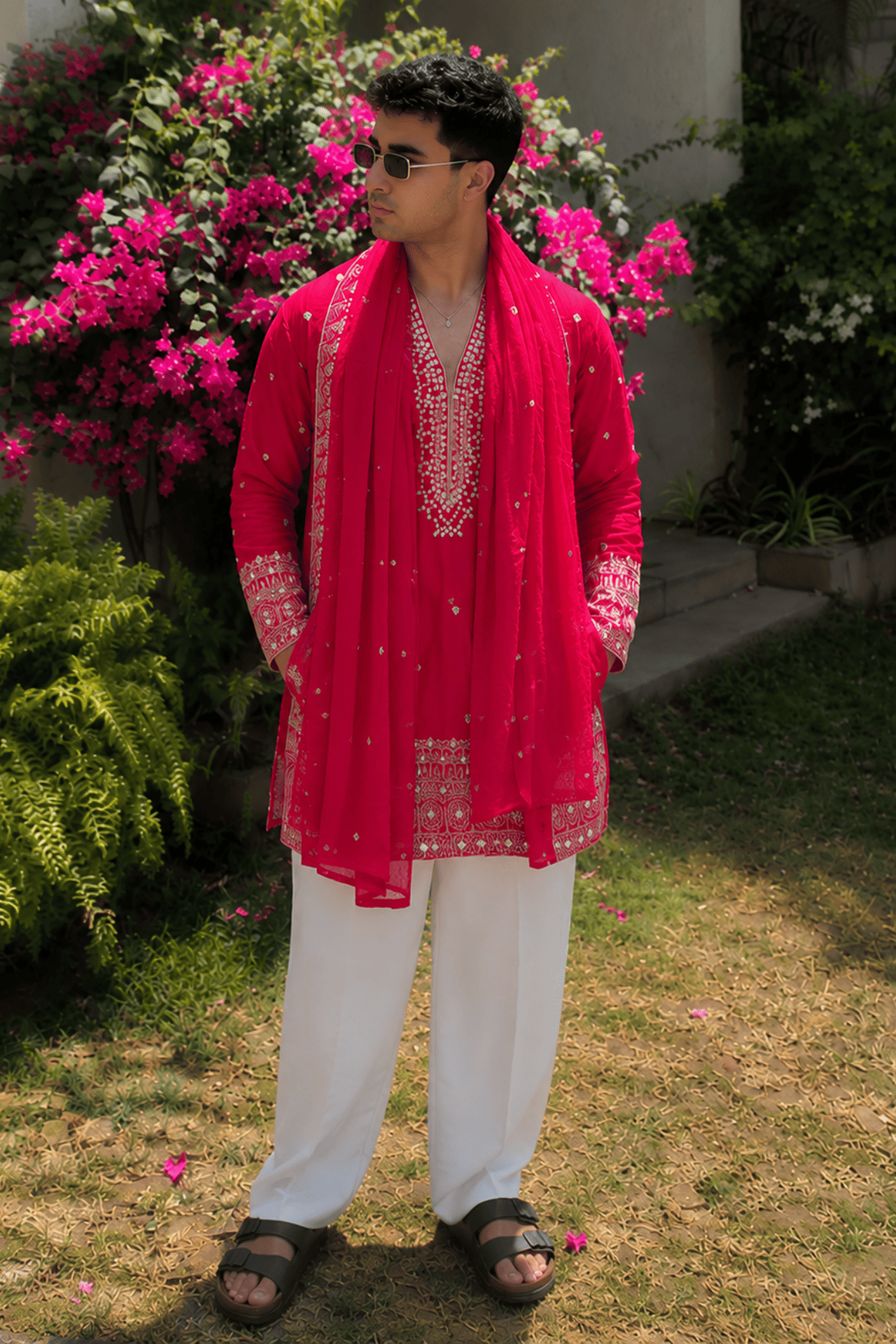Pinkish Red V-Neck Mirror Work Wedding Kurta Set For Men With Stole (Luxury Korean Pants) F2-1094