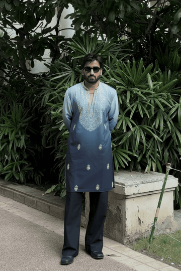 Powder Blue Ombre Kurta Pyjama For Men (Luxury Korean Pants)