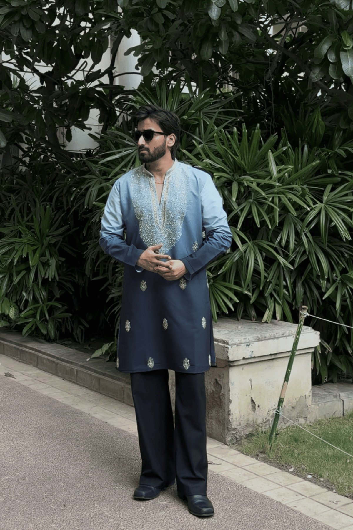 Powder Blue Ombre Kurta Pyjama For Men (Luxury Korean Pants)
