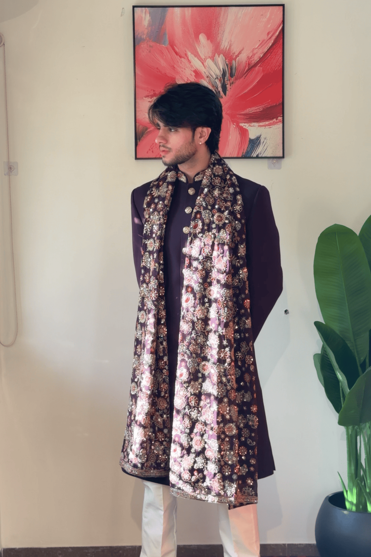 Purple Indo-Western with Embroidered Stole