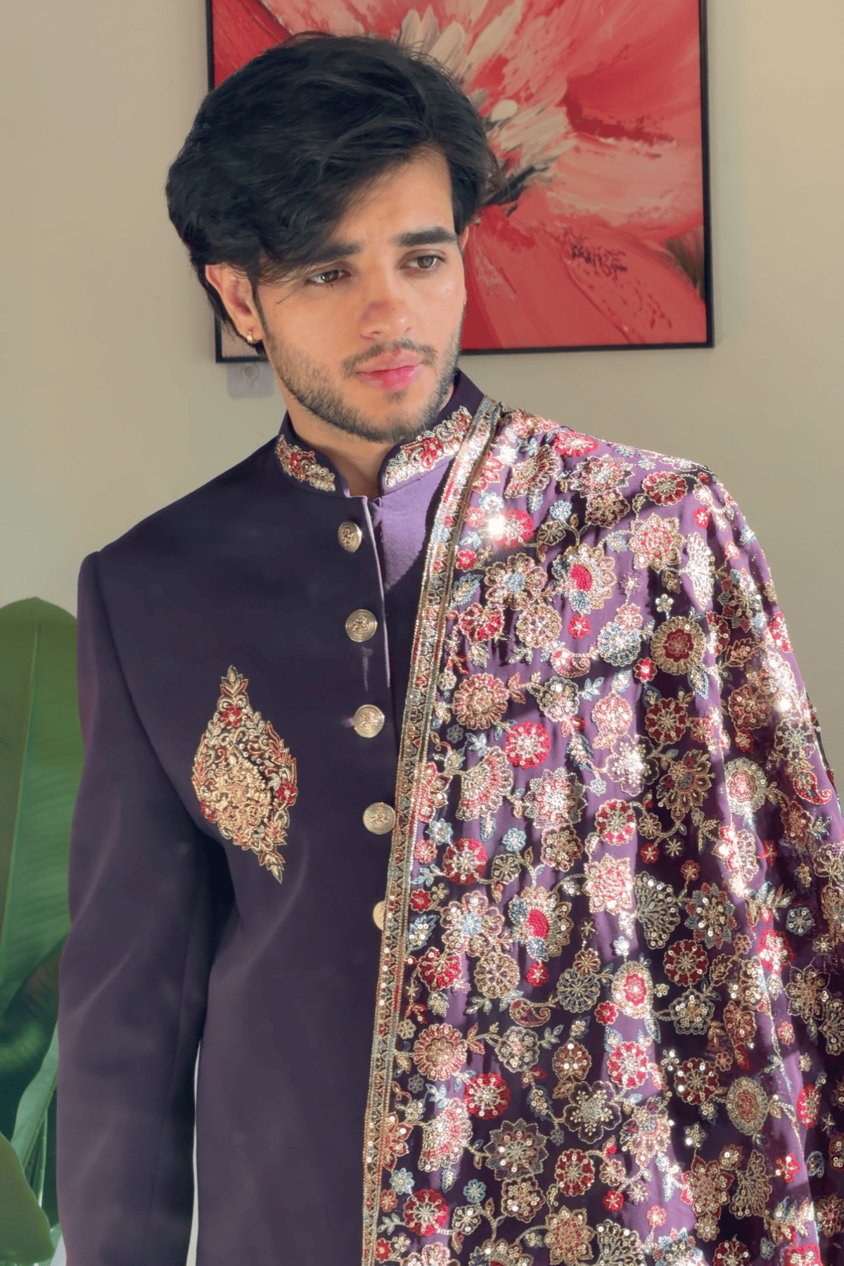 Purple Indo-Western with Embroidered Stole