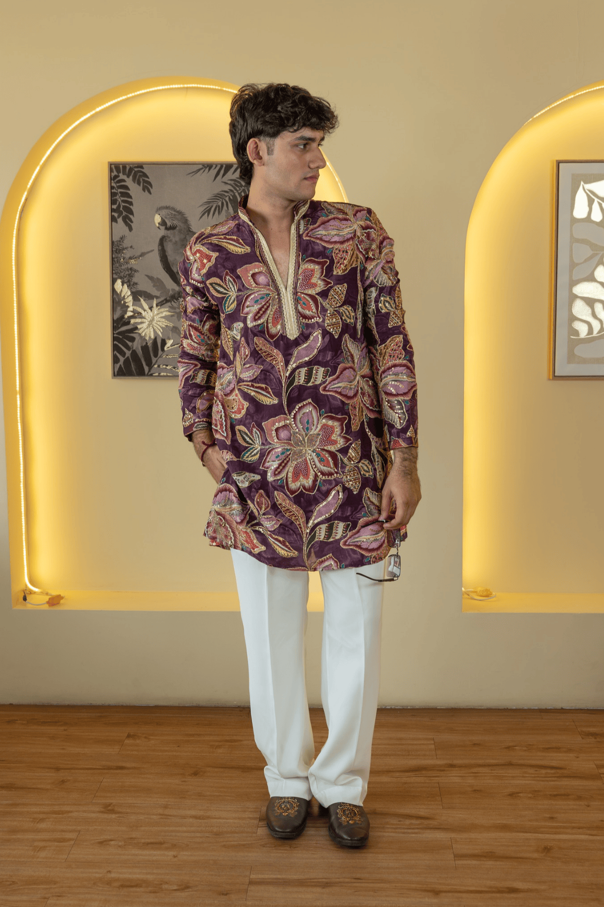 Purple Multicolor Floral Embroidered Designer Kurta Pyjama For Men(Luxury Korean Pants) F2-1108 