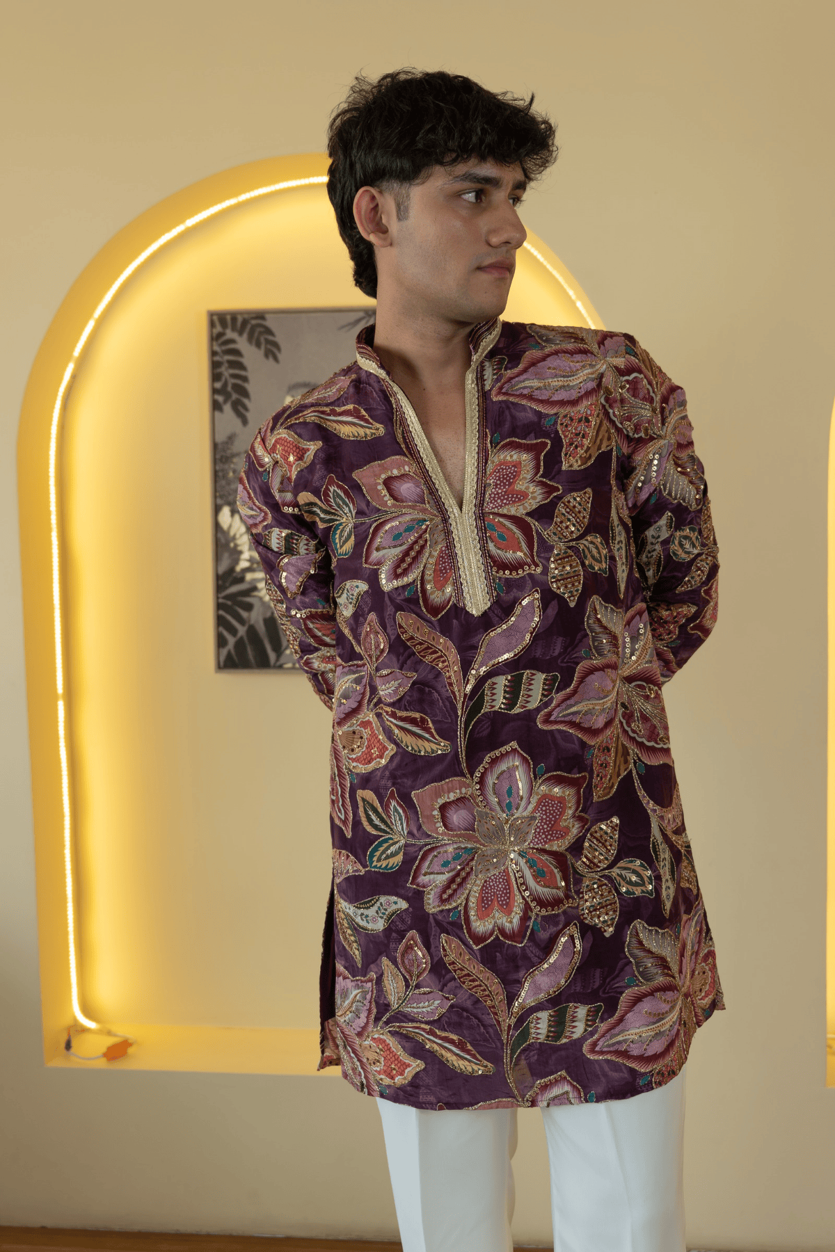 Purple Multicolor Floral Embroidered Designer Kurta Pyjama For Men(Luxury Korean Pants) F2-1108  1 