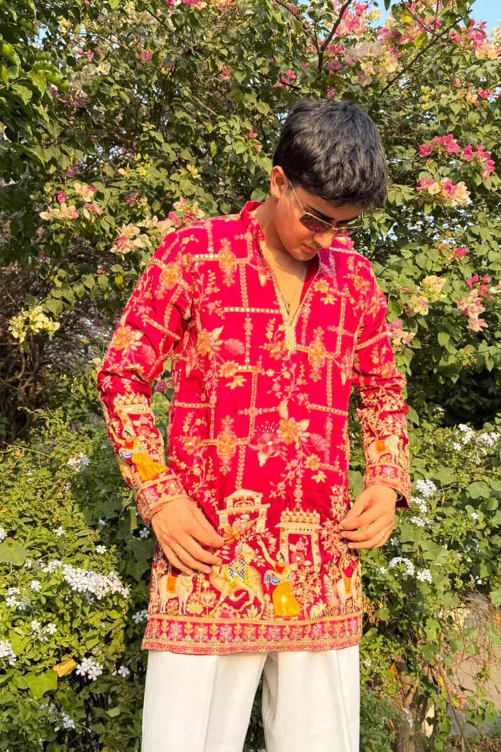 Rani Pink Embroidered Kurta Pyjama For Men (Luxury Korean Pants) F2-1045