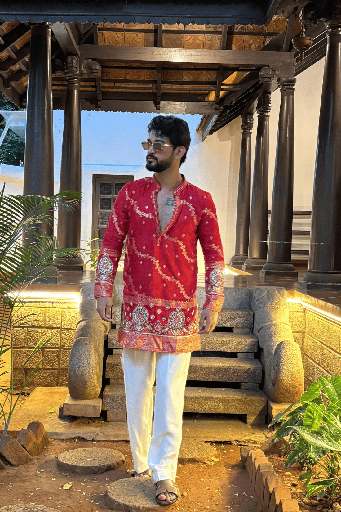 Red Embroidered Kurta Pyjama For Men With Border Work (Luxury Korean Pants) F2-1104