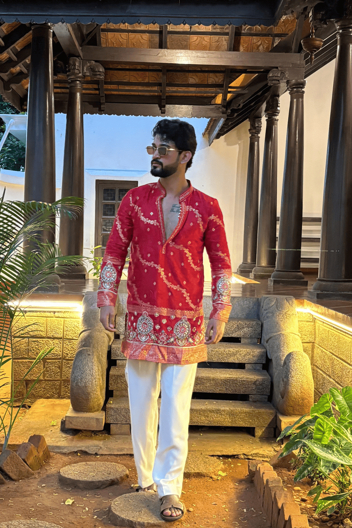Red Embroidered Kurta Pyjama For Men With Border Work (Luxury Korean Pants) F2-1104