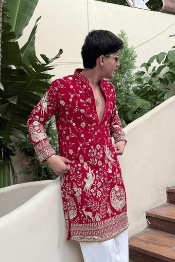 Red Zari Embroidered Kurta Pyjama For Men (Luxury Korean Pants) F2-1058