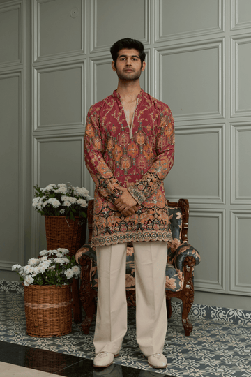 Rose Wine Embroidered Designer Kurta Pyjama For Men (Luxury Korean Pants)(F2-1075)