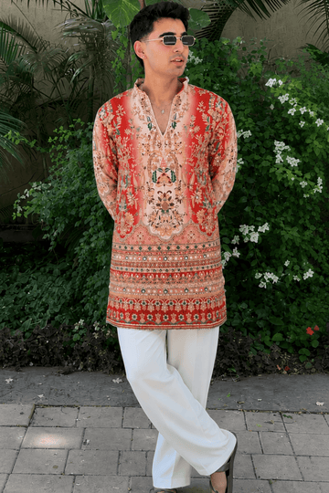 Royal Crimson Heritage Embroidered Only Kurta For Men