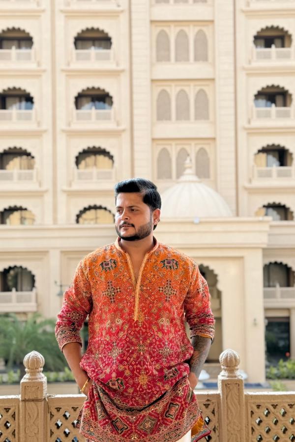 Royal Rust & Pink Ombre Embroidered Designer Kurta Pyjama For Men (Luxury Korean Pants)