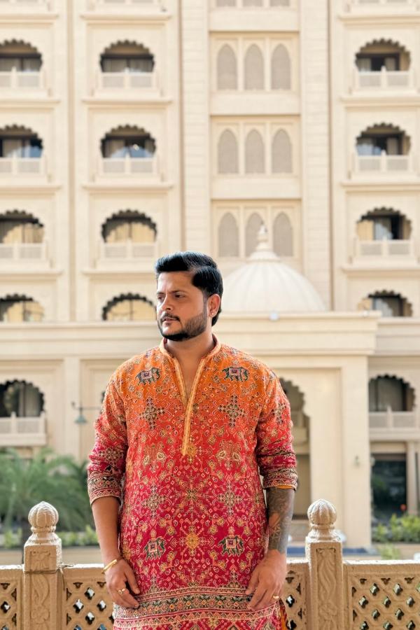 Royal Rust & Pink Ombre Embroidered Designer Kurta Pyjama For Men (Luxury Korean Pants)
