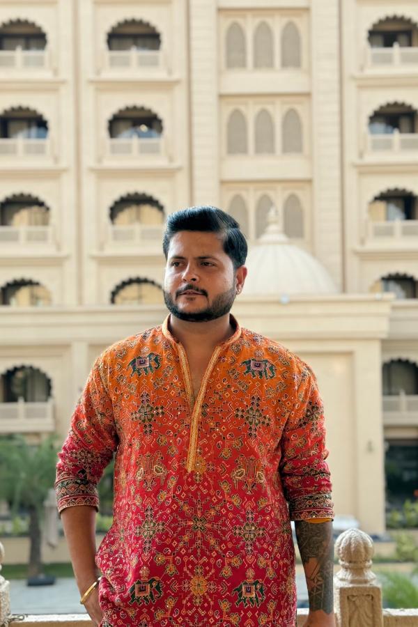 Royal Rust & Pink Ombre Embroidered Designer Kurta Pyjama For Men (Luxury Korean Pants)