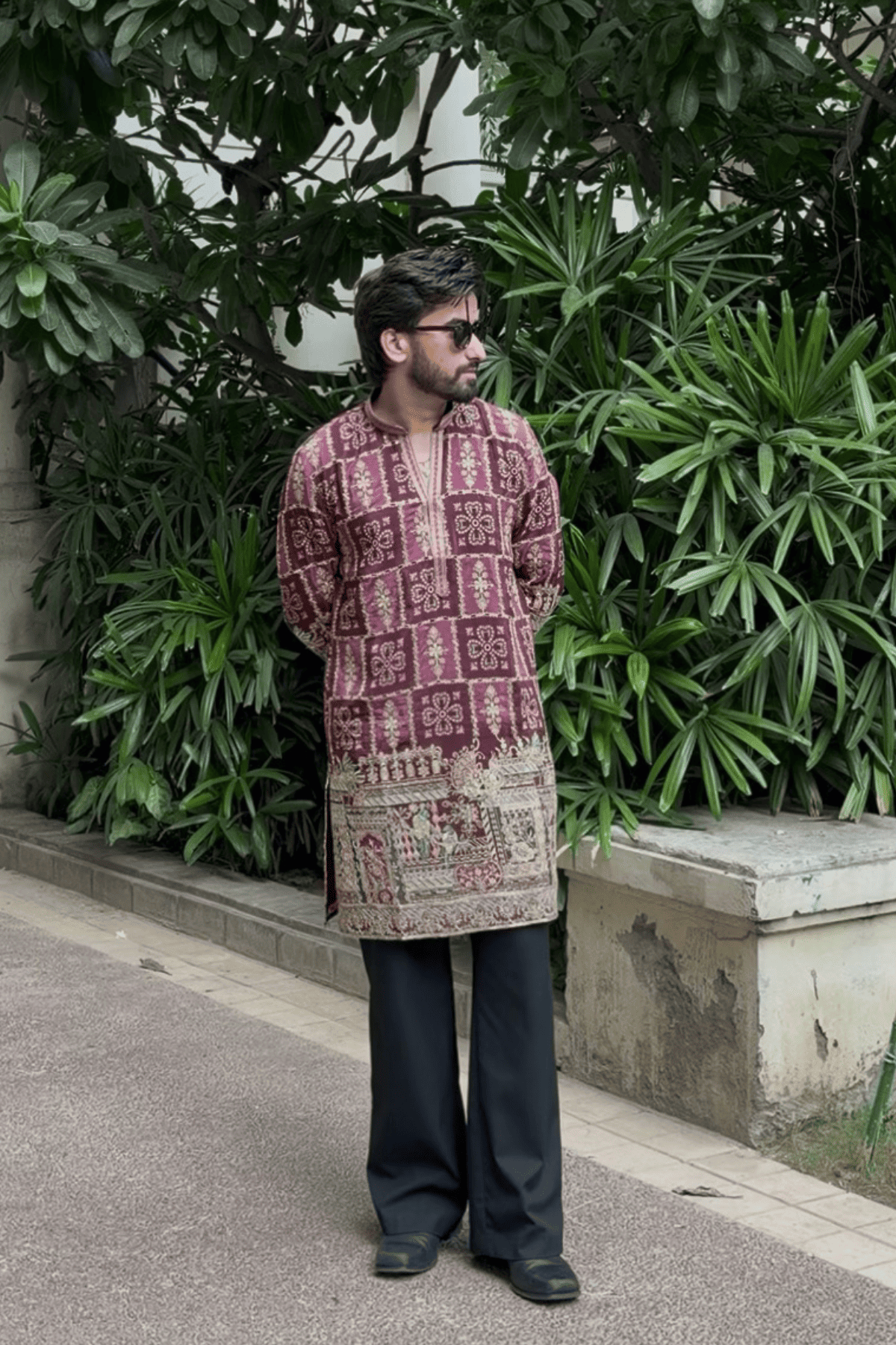 Royal Wine Embroidered Kurta Pyjama For Men (Luxury Korean Pants)