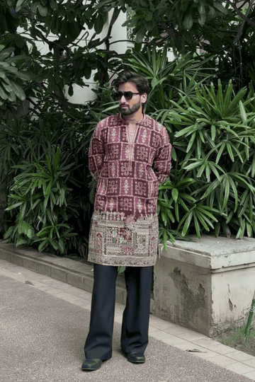 Royal Wine Embroidered Kurta Pyjama For Men (Luxury Korean Pants)