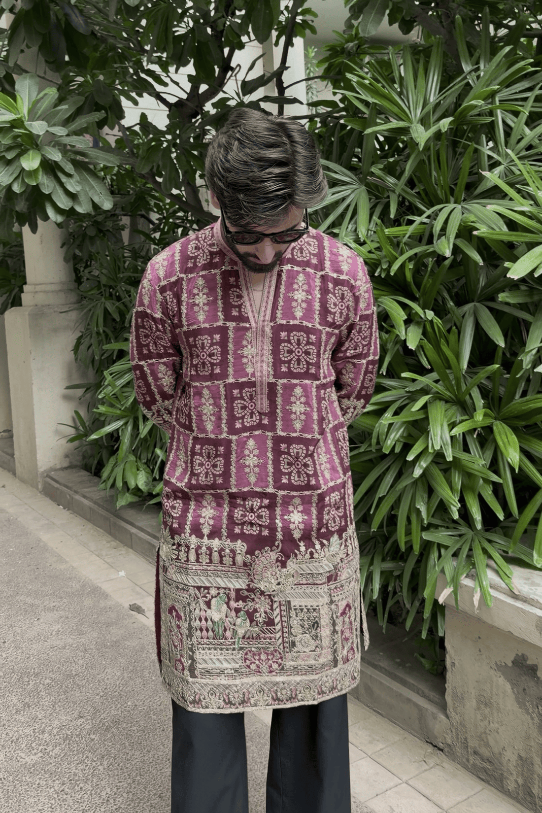 Royal Wine Embroidered Kurta Pyjama For Men (Luxury Korean Pants)
