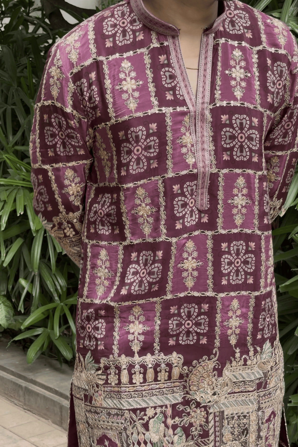 Royal Wine Embroidered Kurta Pyjama For Men (Luxury Korean Pants)