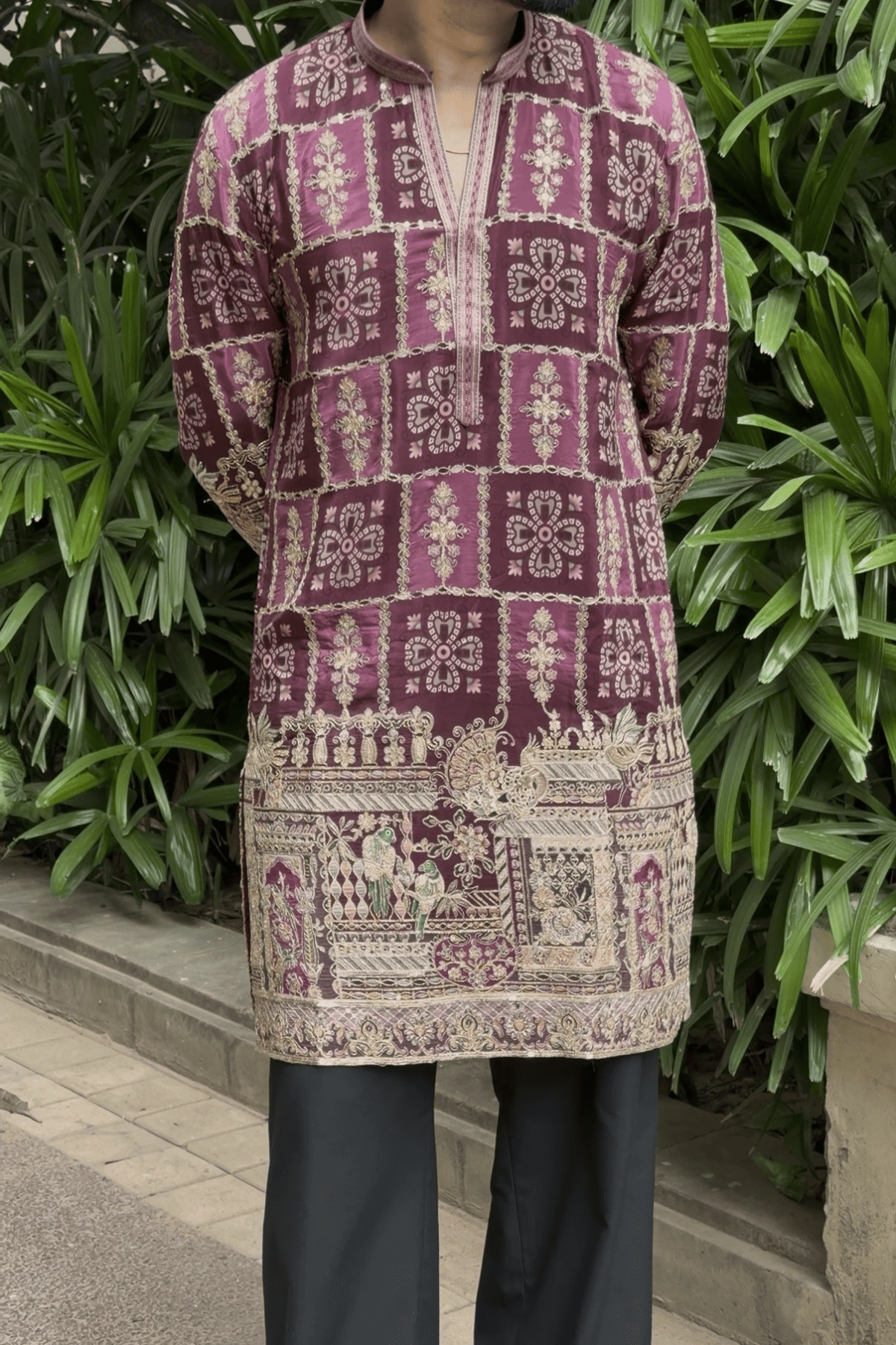 Royal Wine Embroidered Kurta Pyjama For Men (Luxury Korean Pants)