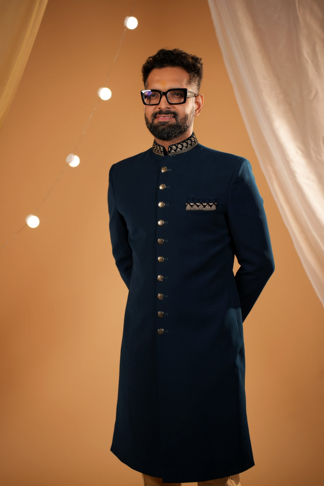 Royal Elegance: rama color Nawabi Sherwani Adorned with Red Embroidered Details