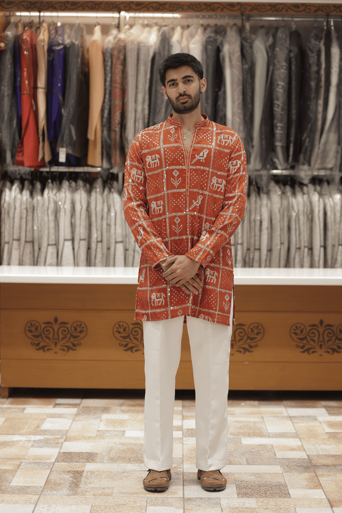 Rust Orange Kurta Pyjama For Men with Heritage Animal Motifs (Luxury Korean Pants)  F2-1080