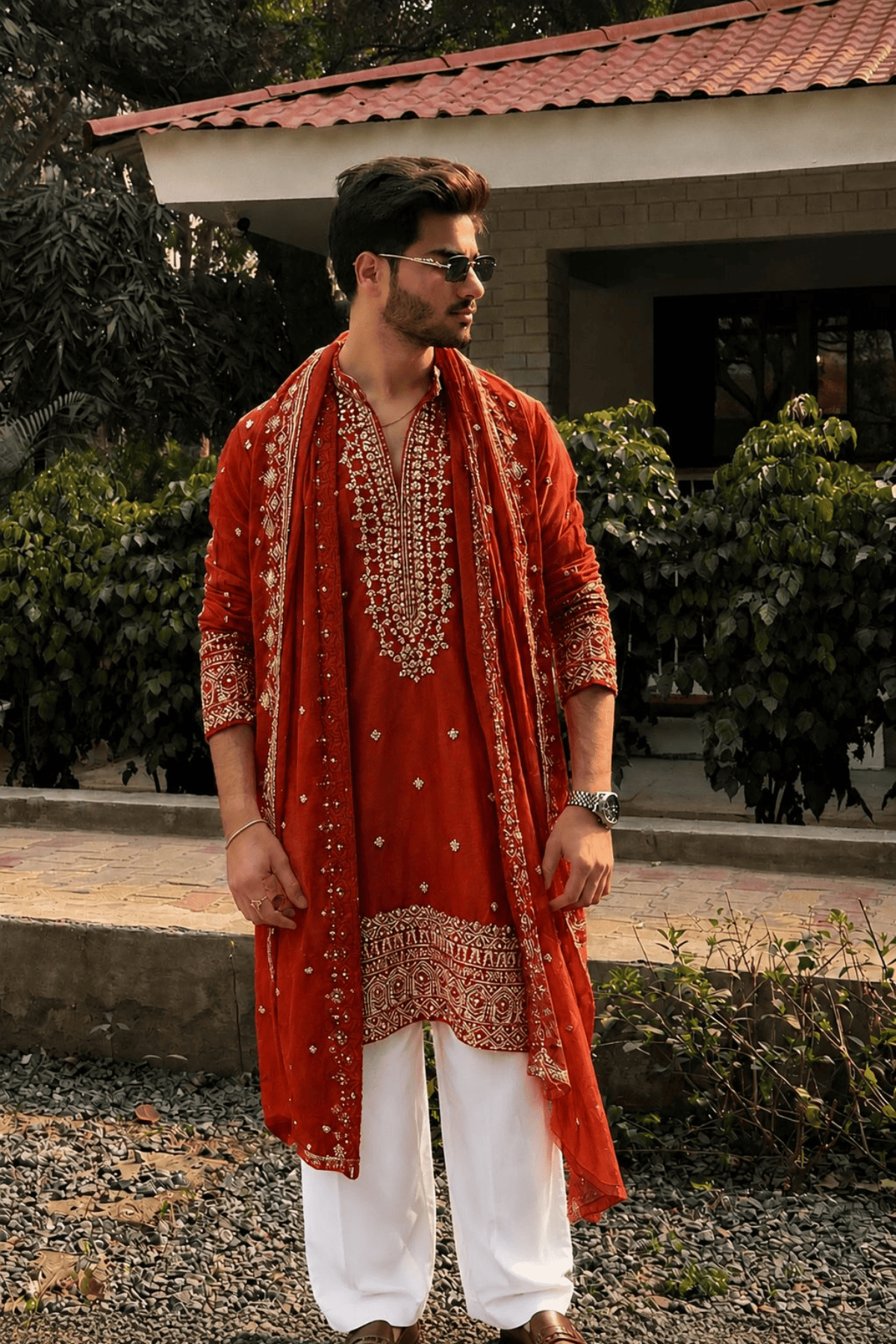 Rust V-Neck Mirror Work Wedding Kurta Set For Men With Stole (Luxury Korean Pants) F2-1095