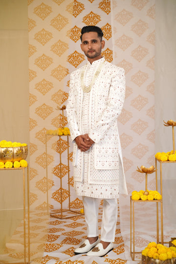 Three-Flap Embroidered Sherwani with Luxuriously Embellished