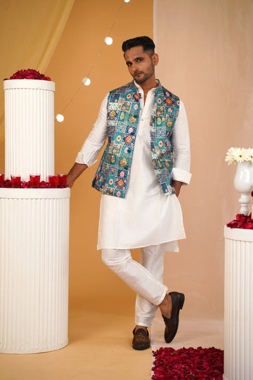 Blue printed coti with  white kurta and pants