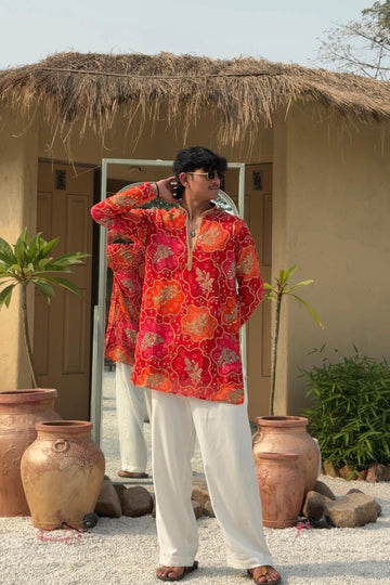 Sunset Red Bandhej Designer Kurta Pyjama For Men (Luxury Korean Pants) F2-1064