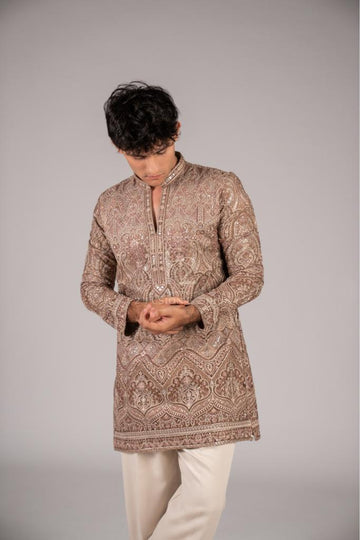 Taupe Brown Intricate Embroidered Designer Kurta with Ivory Pyjama For Men (Luxury Korean Pants)