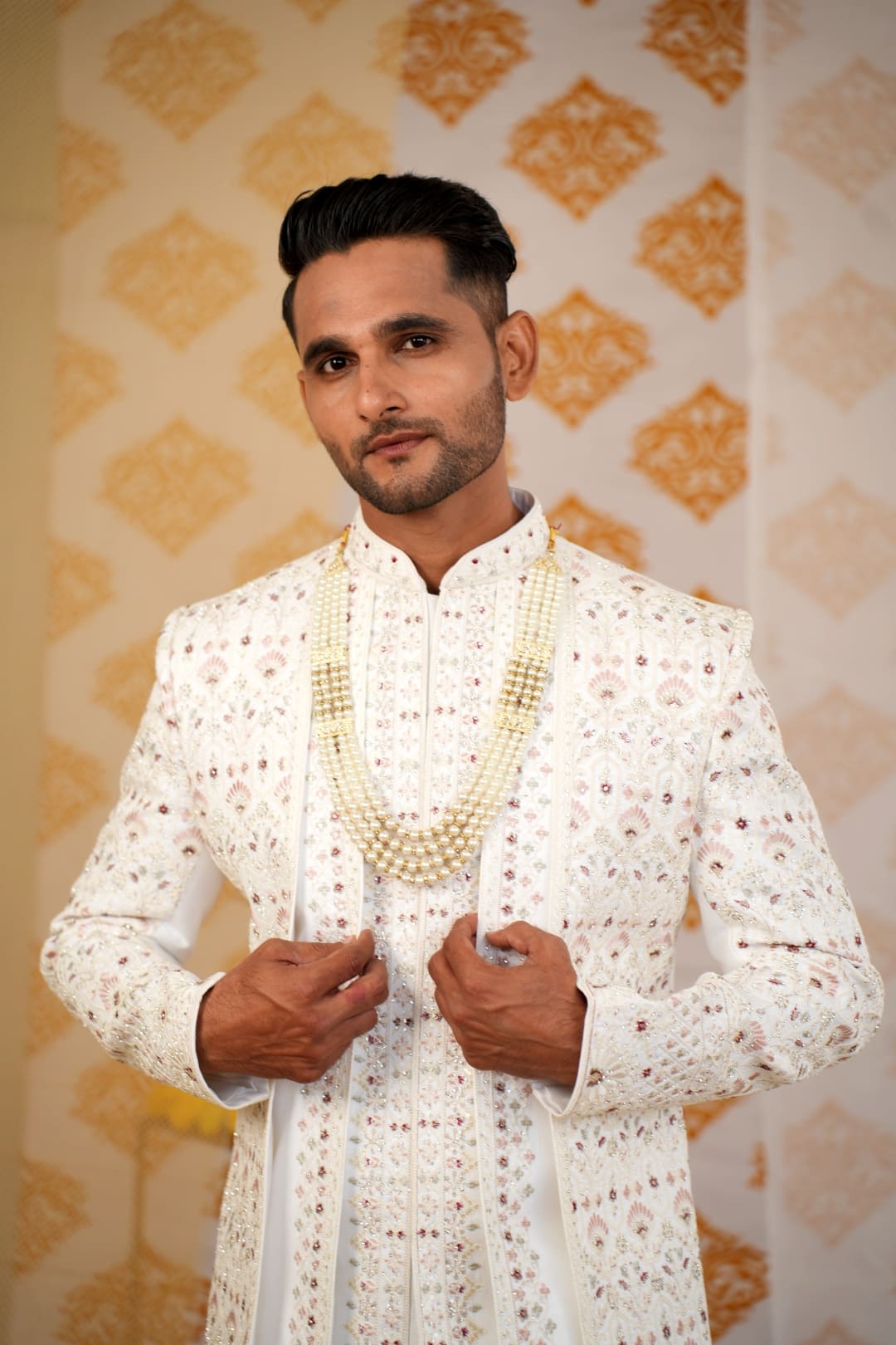 Three-Flap Embroidered Sherwani with Luxuriously Embellished
